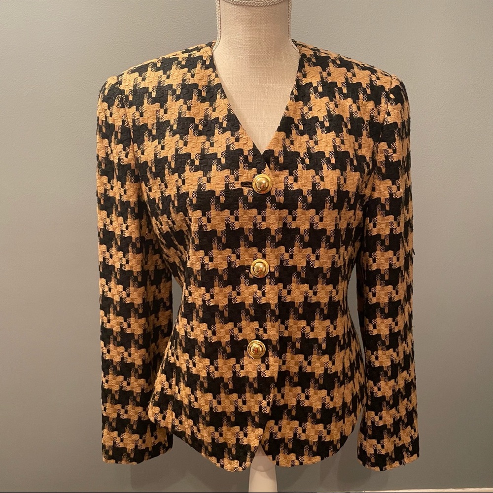 Doncaster Vintage 100% 💯 Woven Silk Jacket Career Blazer Black Gold Lined 8